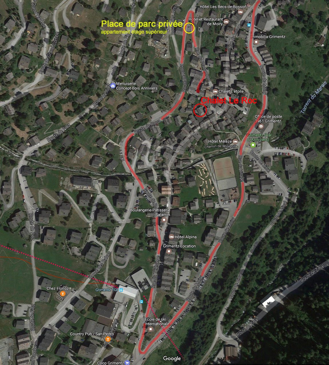 Plan du village de Grimentz avec chalet Le Roc